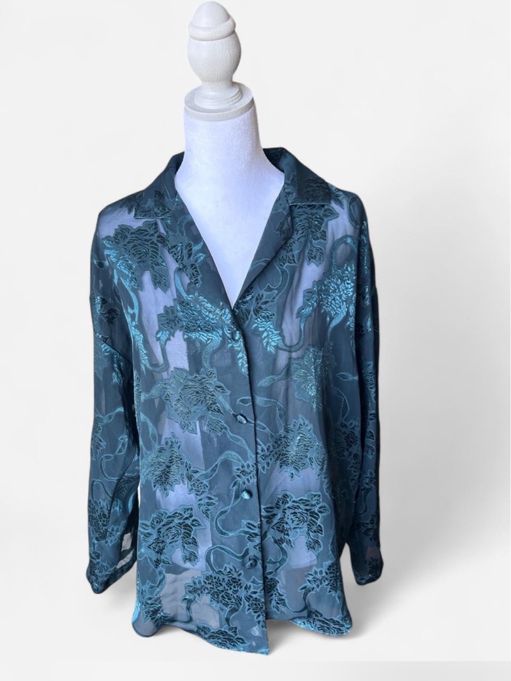 VINTAGE Victoria’s Secret Sheer Floral Devoré Button Down Green Gown✨